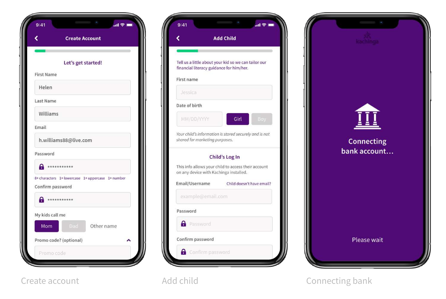 Kachinga signup screens