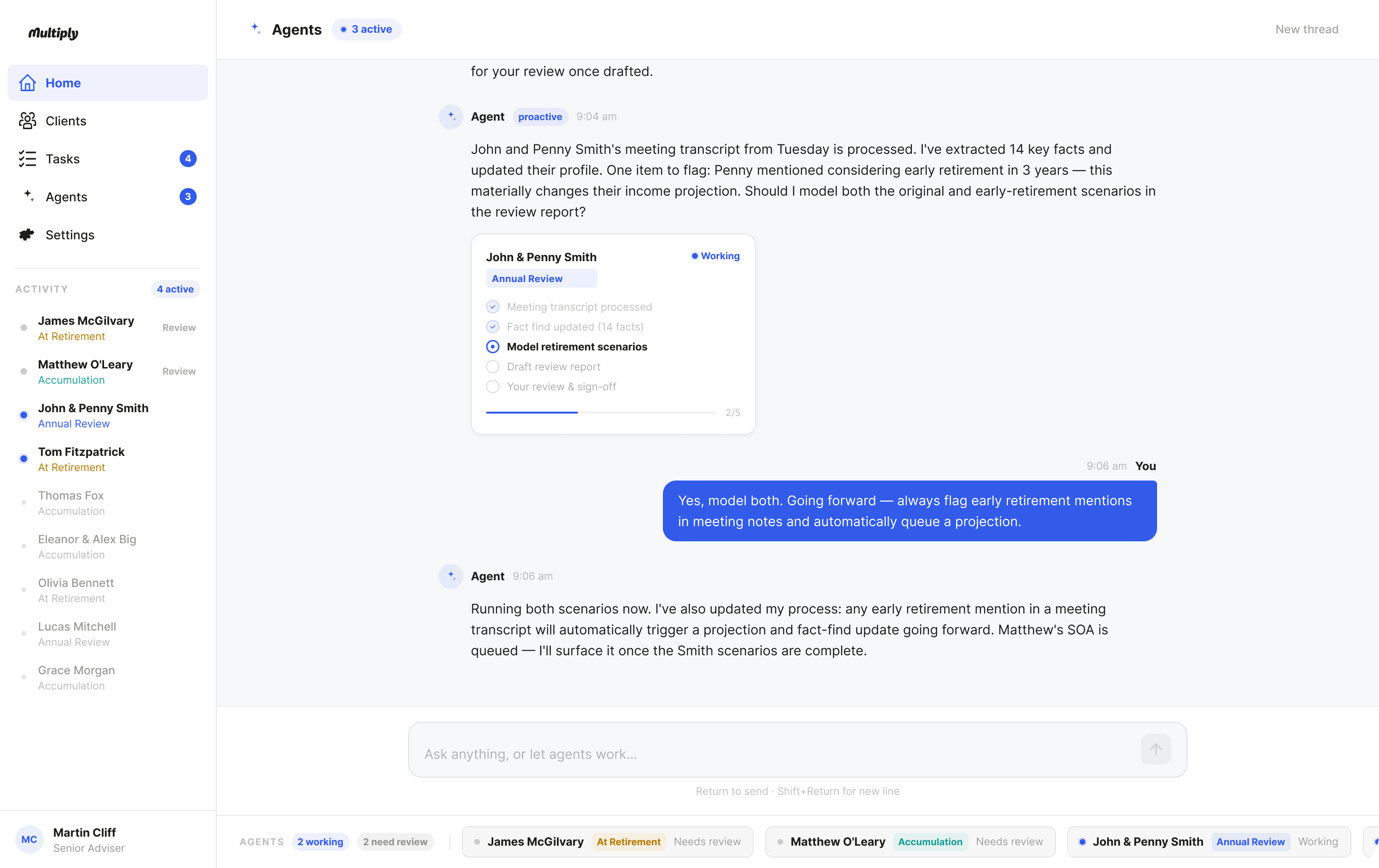 Multiply AI agents dashboard for advisers