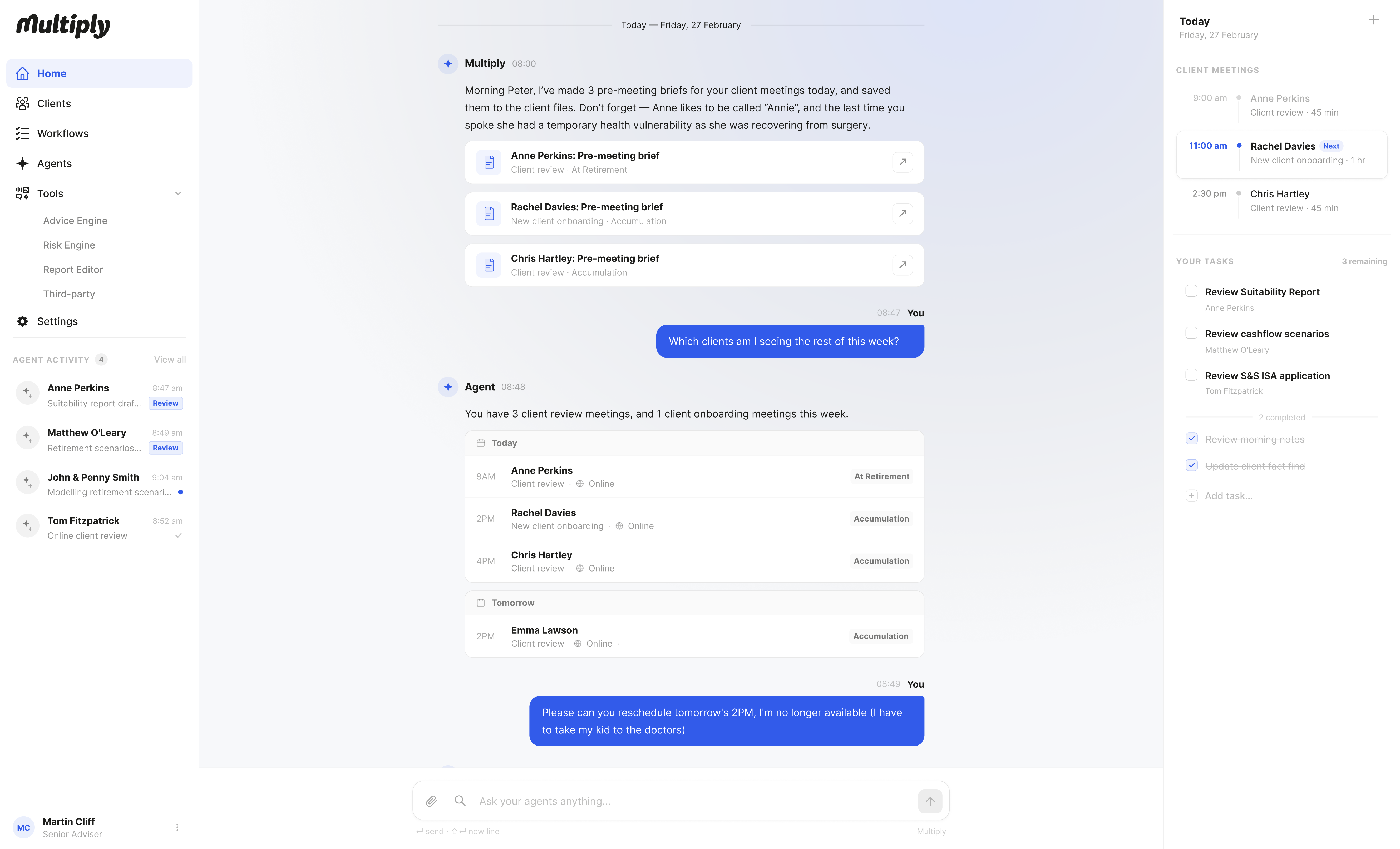 Multiply AI agent morning briefing and schedule interface