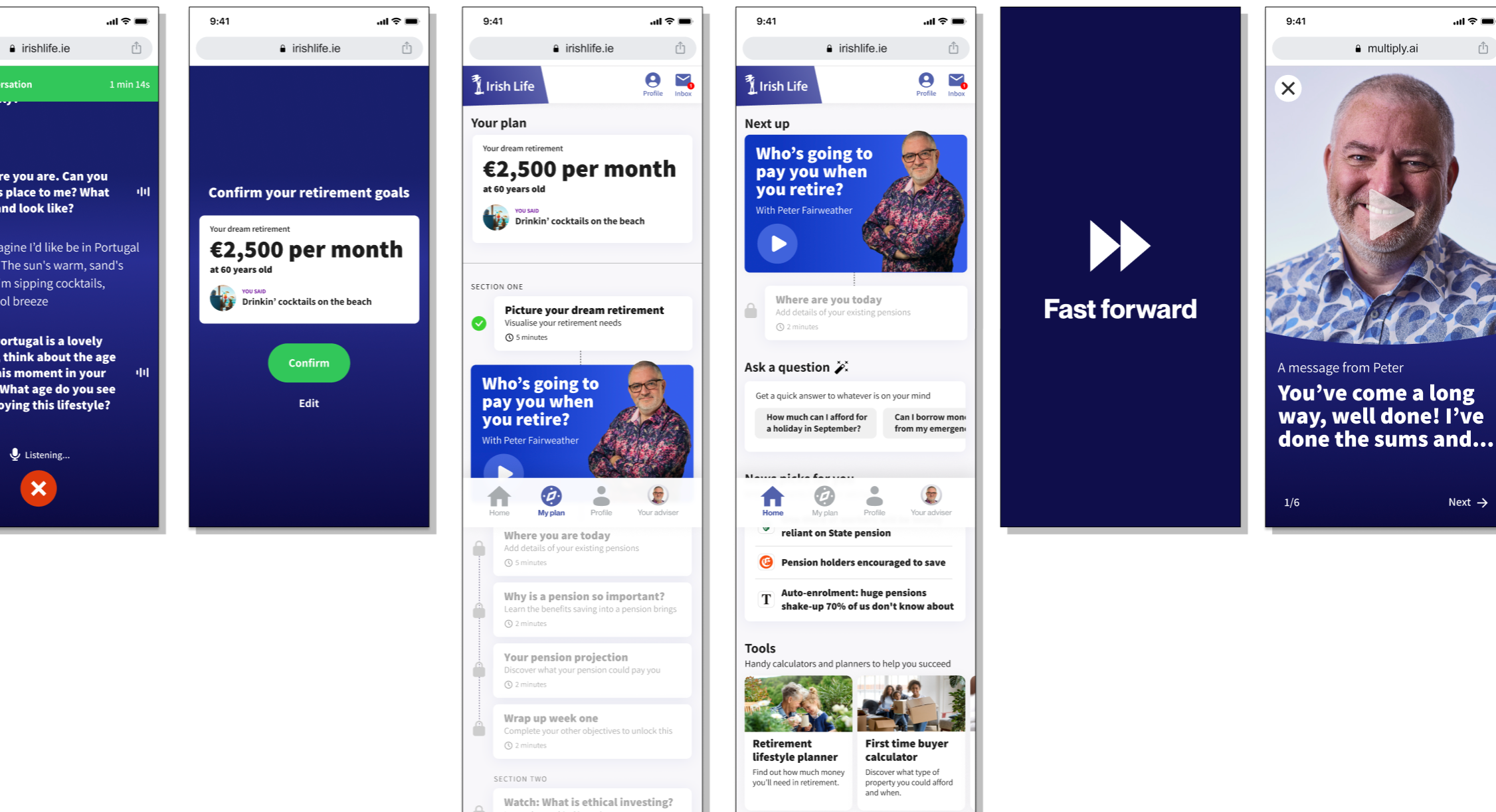 Multiply white-label advice flow — goal setting, conversational results, plan, and recommendation screens